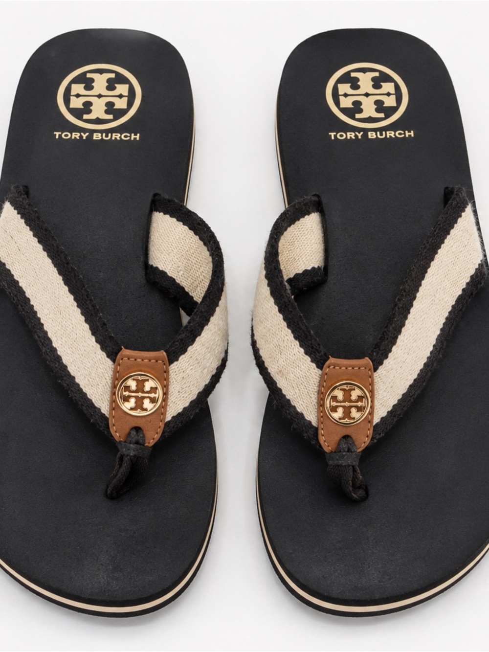 Tory Burch Black and Cream Canvas Strap Men’s Flip Flops with Gold Logo